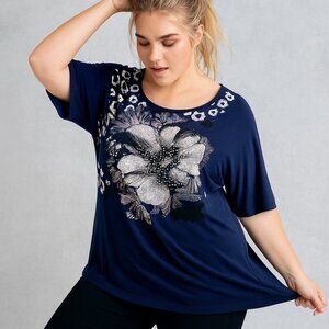 Agenda Womens XL Navy Blue Rhinestone Floral Cheetah Print Dolman Top Blouse Y2K